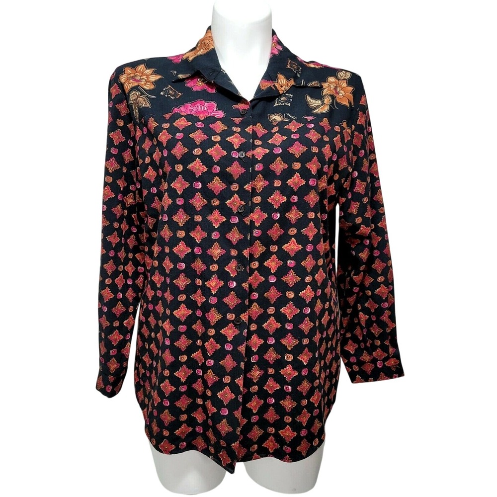 Southern Lady Womens 18 Blouse Black Pink Floral Geometric Button Front USA Made